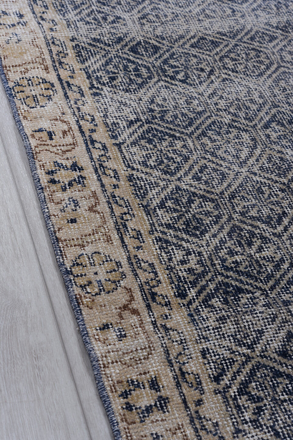 2' x 10' one-of-a-kind handmade antique Sparta runner rug. Color palette: indigo, ivory, slate, taupe, purple, gray, beige