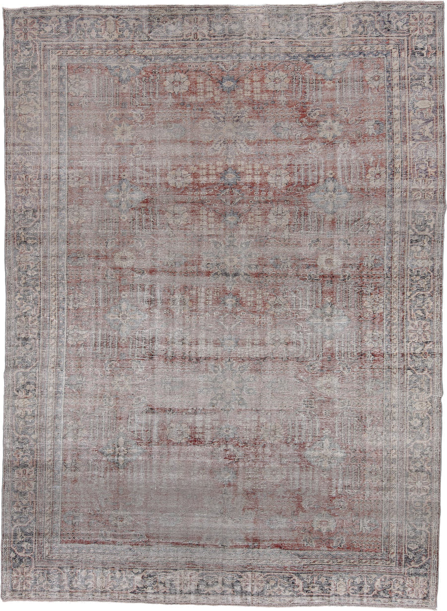 8' x 11' one-of-a-kind handmade antique Sparta large size rug. Color palette: taupe, dusty rose, slate, ivory, terra cotta