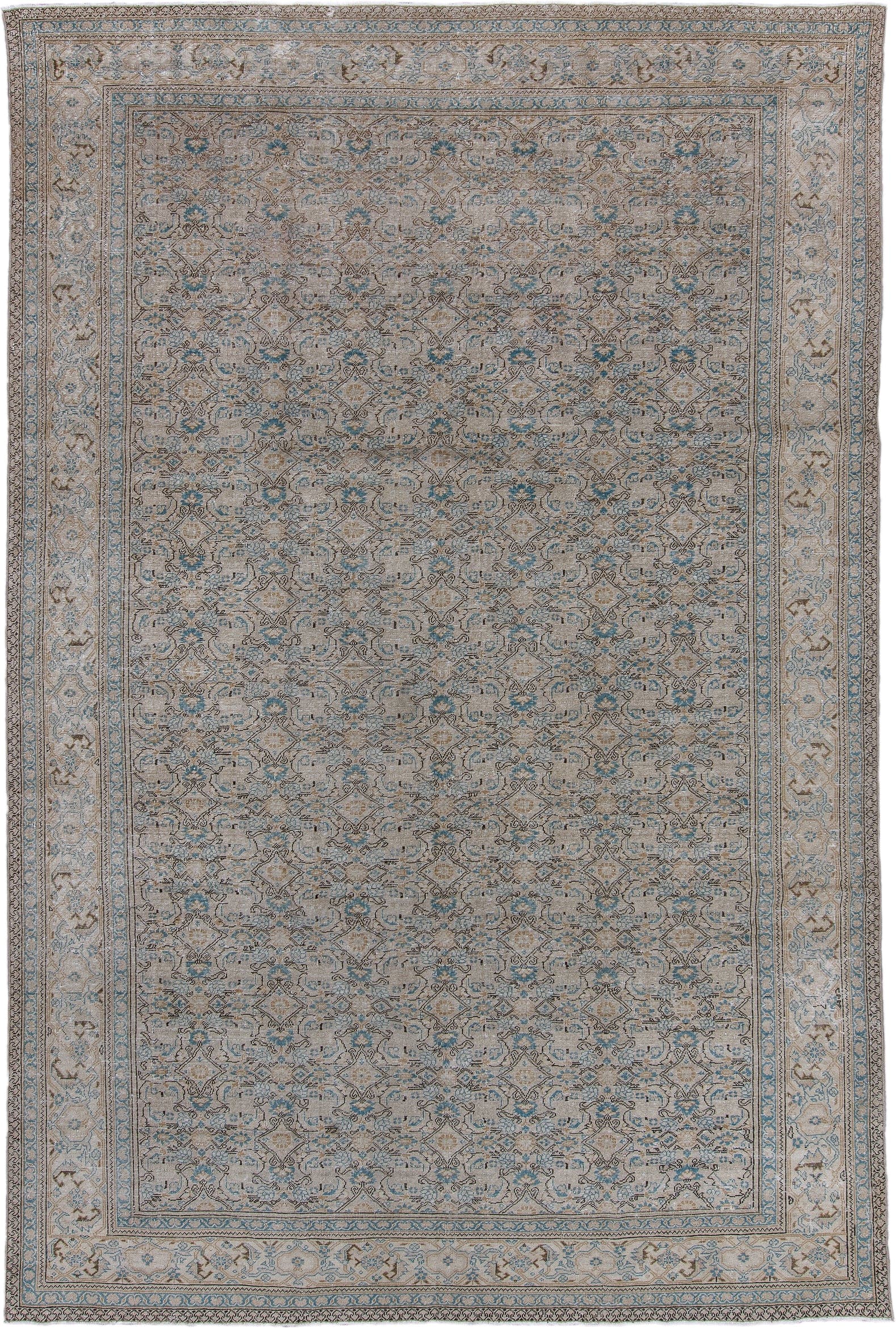 7' x 11' one-of-a-kind handmade antique Kaisary large size rug. Color palette: ivory, taupe, pale blue, camel, beige, brown