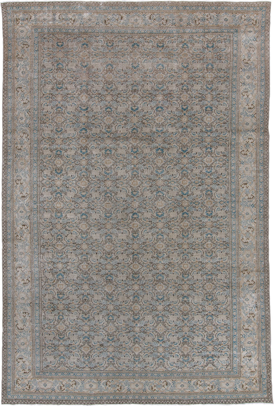 7' x 11' one-of-a-kind handmade antique Kaisary large size rug. Color palette: ivory, taupe, pale blue, camel, beige, brown