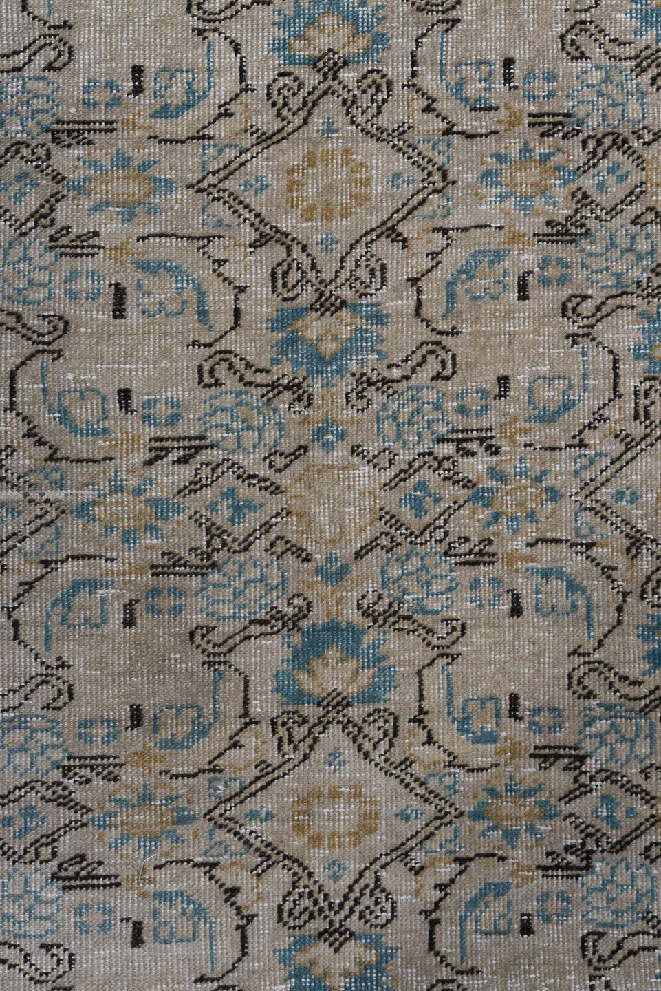 7' x 11' one-of-a-kind handmade antique Kaisary large size rug. Color palette: ivory, taupe, pale blue, camel, beige, brown