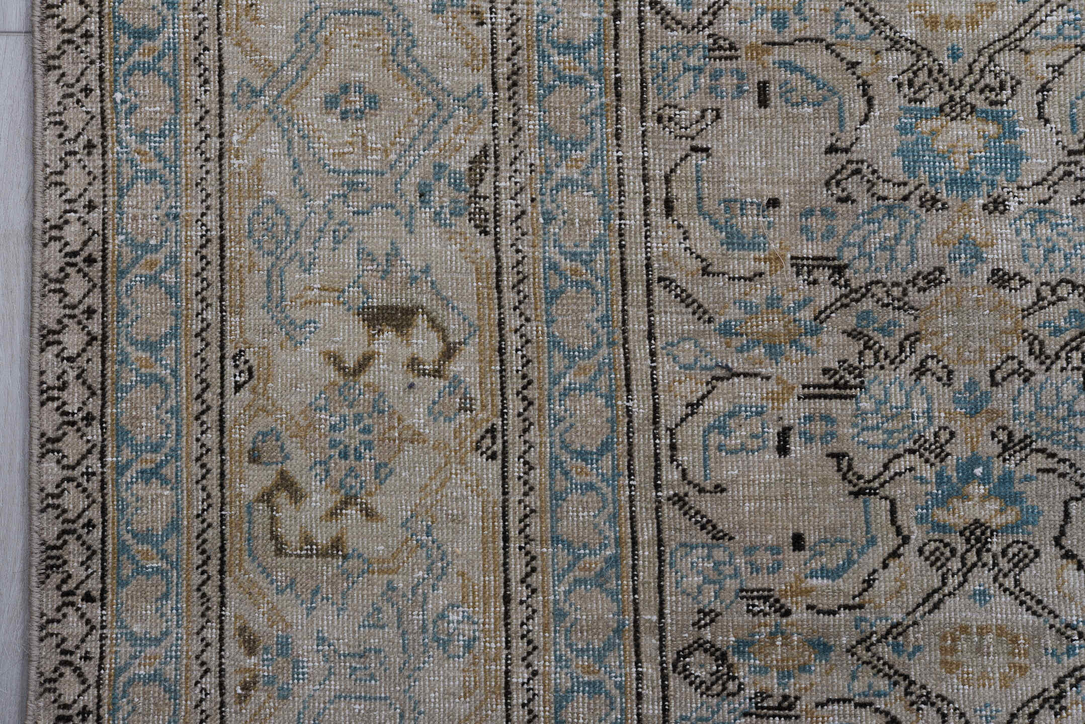 7' x 11' one-of-a-kind handmade antique Kaisary large size rug. Color palette: ivory, taupe, pale blue, camel, beige, brown