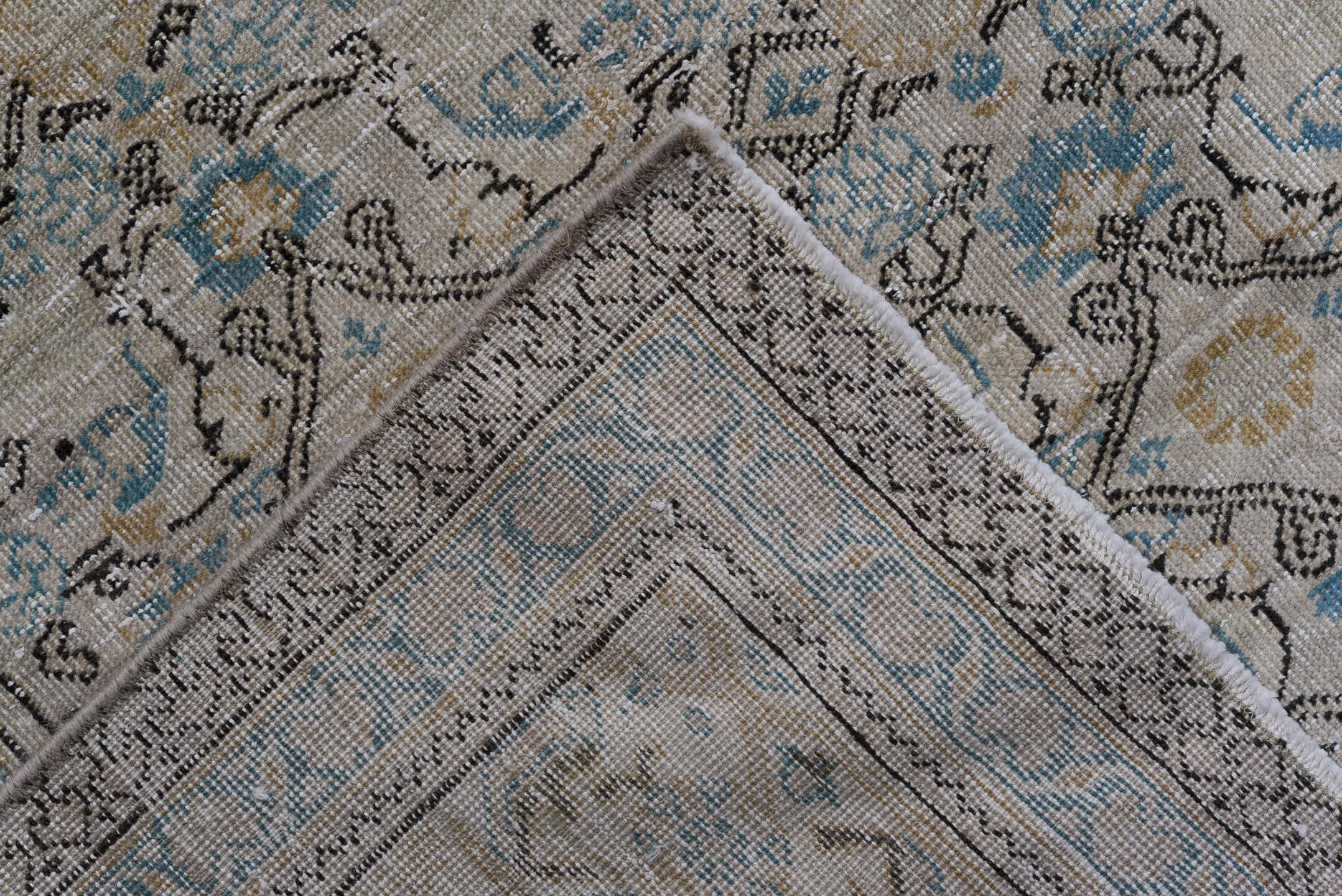 7' x 11' one-of-a-kind handmade antique Kaisary large size rug. Color palette: ivory, taupe, pale blue, camel, beige, brown