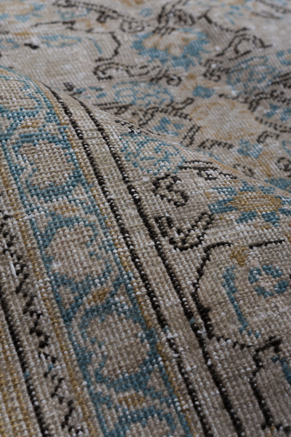 7' x 11' one-of-a-kind handmade antique Kaisary large size rug. Color palette: ivory, taupe, pale blue, camel, beige, brown