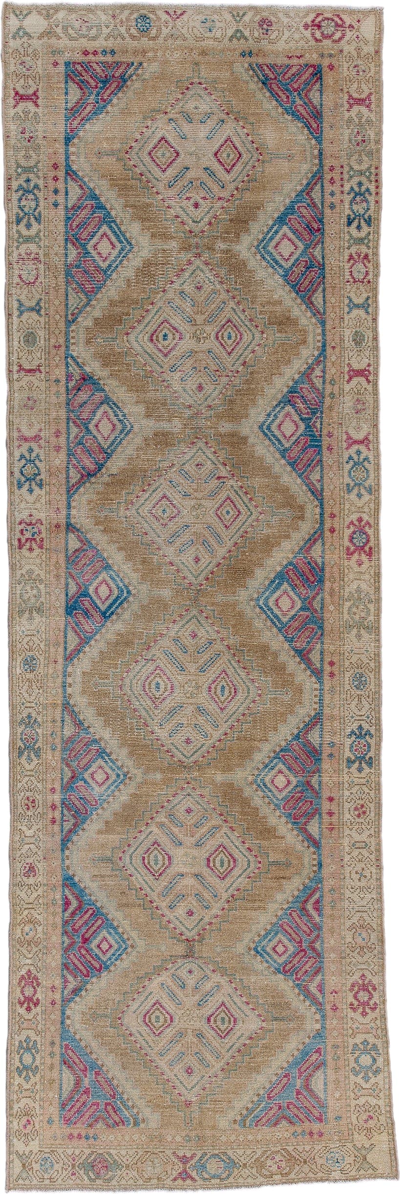 3' x 10' one-of-a-kind handmade antique Malayer runner rug. Color palette: camel, ivory, turquoise, rose, magenta, taupe