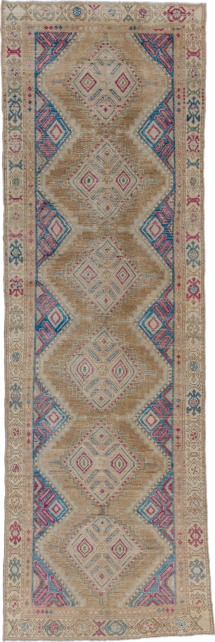 3' x 10' one-of-a-kind handmade antique Malayer runner rug. Color palette: camel, ivory, turquoise, rose, magenta, taupe