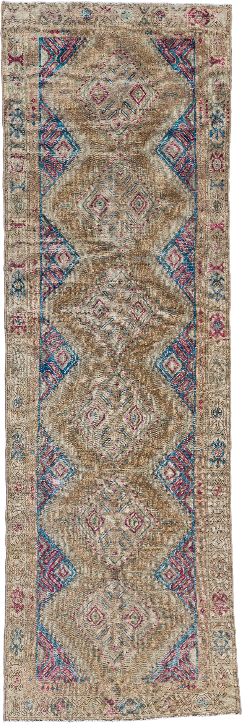 3' x 10' one-of-a-kind handmade antique Malayer runner rug. Color palette: camel, ivory, turquoise, rose, magenta, taupe
