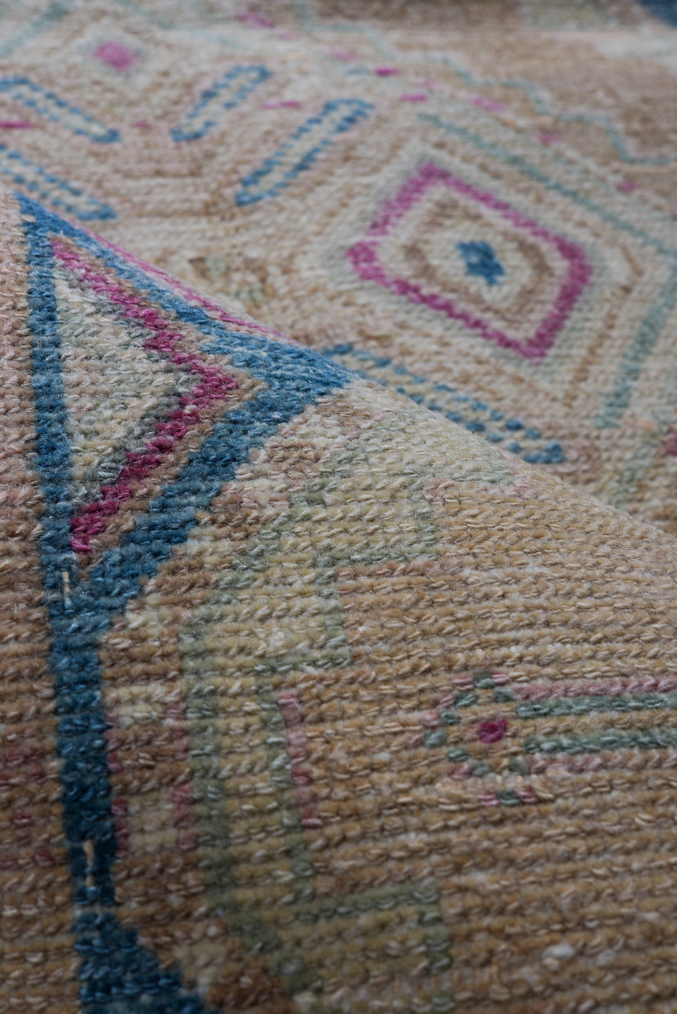 3' x 10' one-of-a-kind handmade vintage Malayer runner rug. Color palette: blue, brown, gray, light gray, off-white, pink