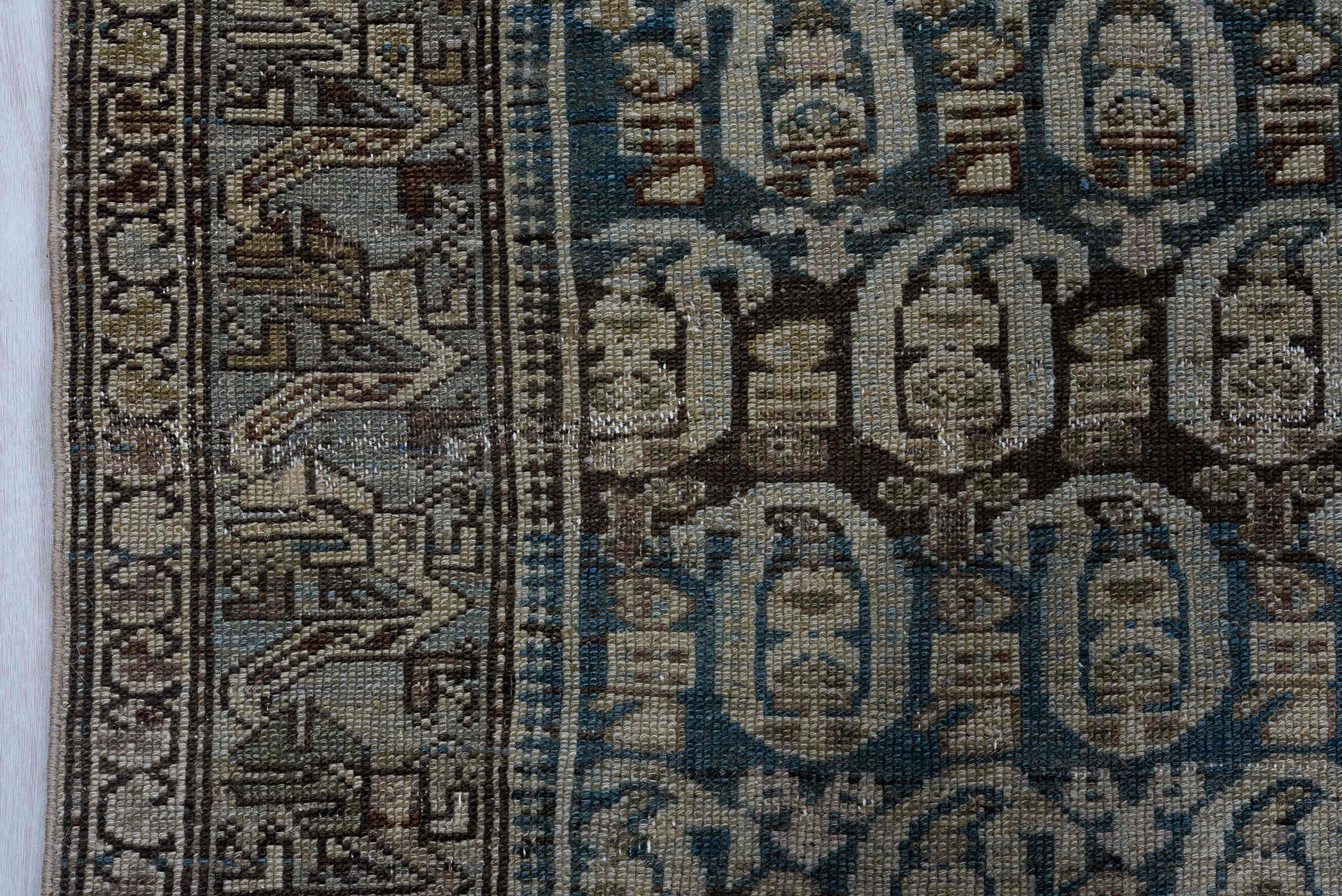 4' x 9' one-of-a-kind handmade vintage Malayer rug. Color palette: black, blue, brown, gainsboro, gray, light gray