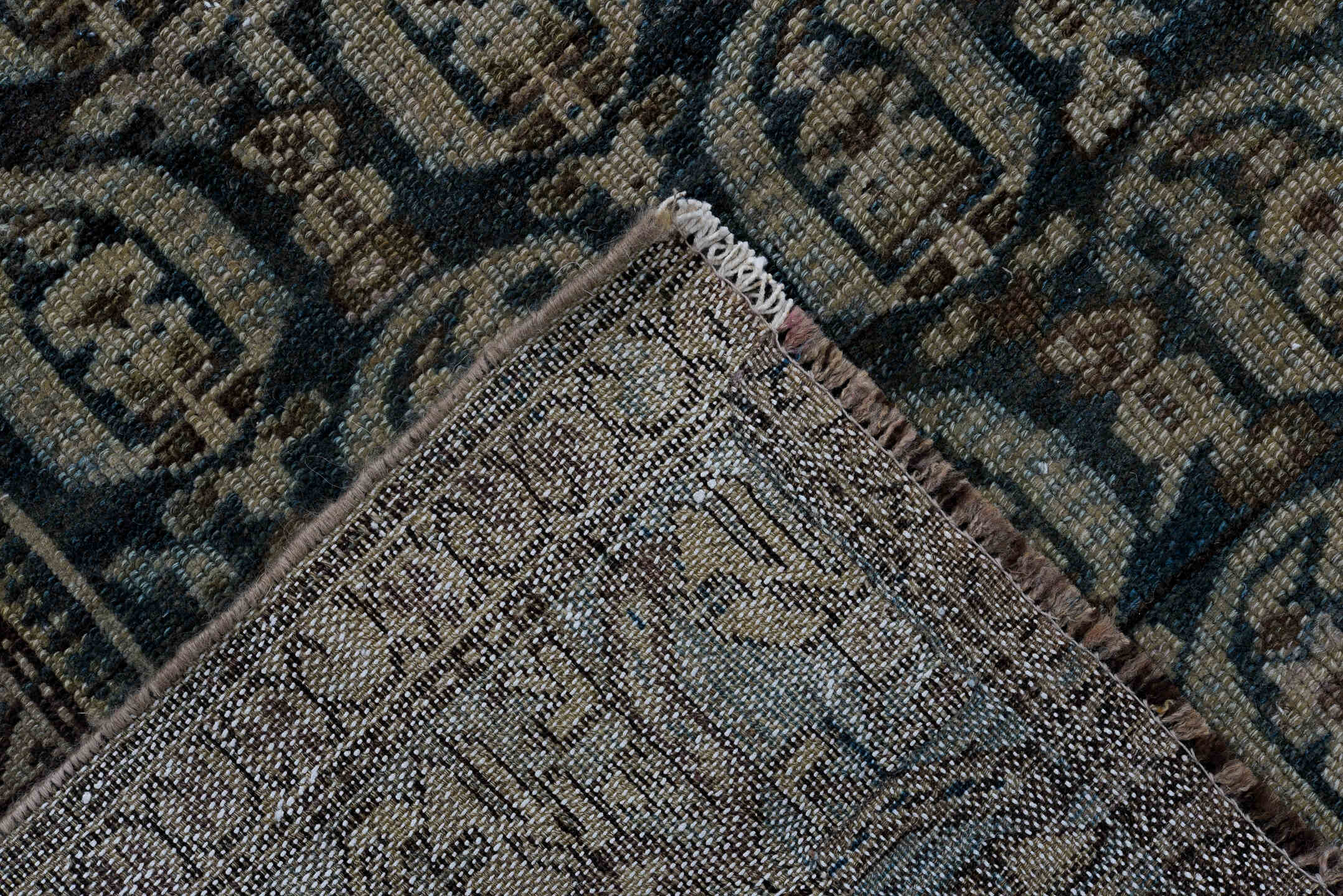 4' x 9' one-of-a-kind handmade vintage Malayer rug. Color palette: black, blue, brown, gainsboro, gray, light gray