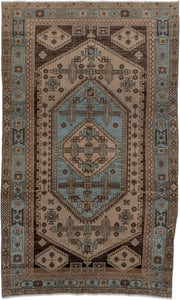 4' x 7' one-of-a-kind handmade antique Malayer rug. Color palette: ivory, light blue, brown, taupe, charcoal, beige, gray