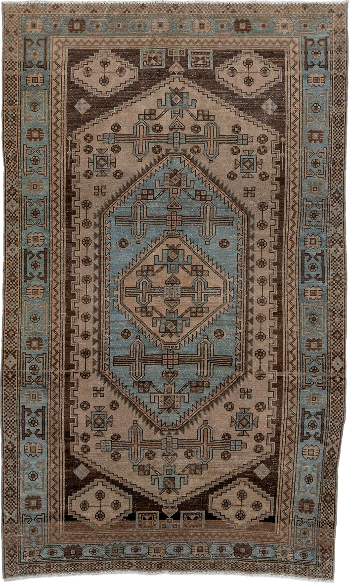 4' x 7' one-of-a-kind handmade antique Malayer rug. Color palette: ivory, light blue, brown, taupe, charcoal, beige, gray
