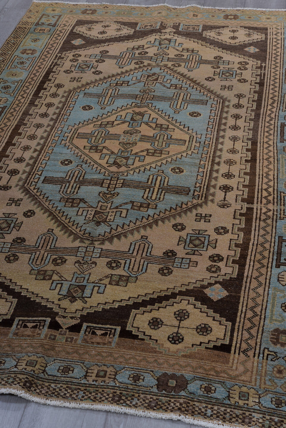 4' x 7' one-of-a-kind handmade antique Malayer rug. Color palette: ivory, light blue, brown, taupe, charcoal, beige, gray