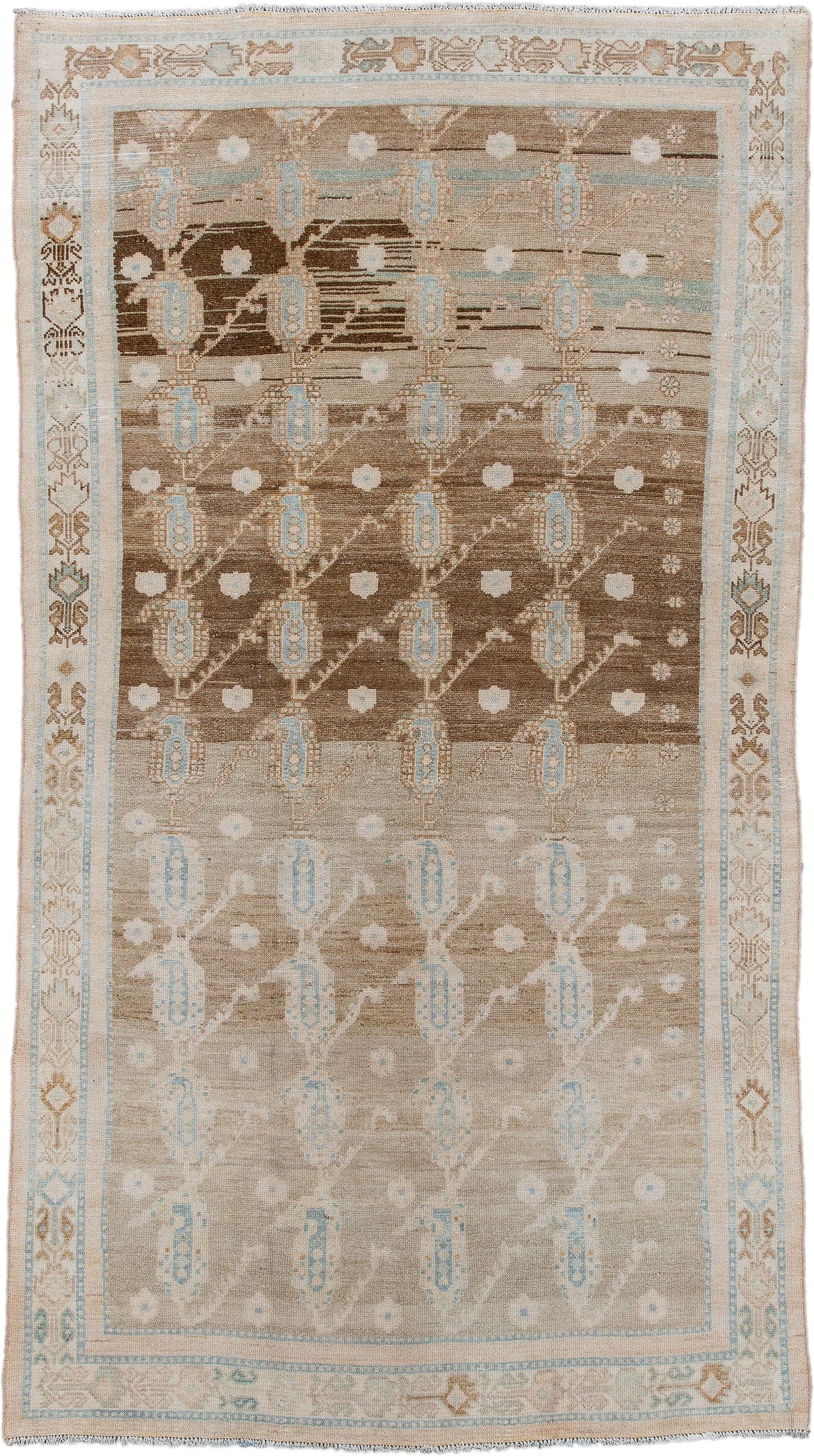 4' x 7' one-of-a-kind handmade vintage Malayer rug. Color palette: taupe, ivory, camel, pale_blue, beige, brown, gray