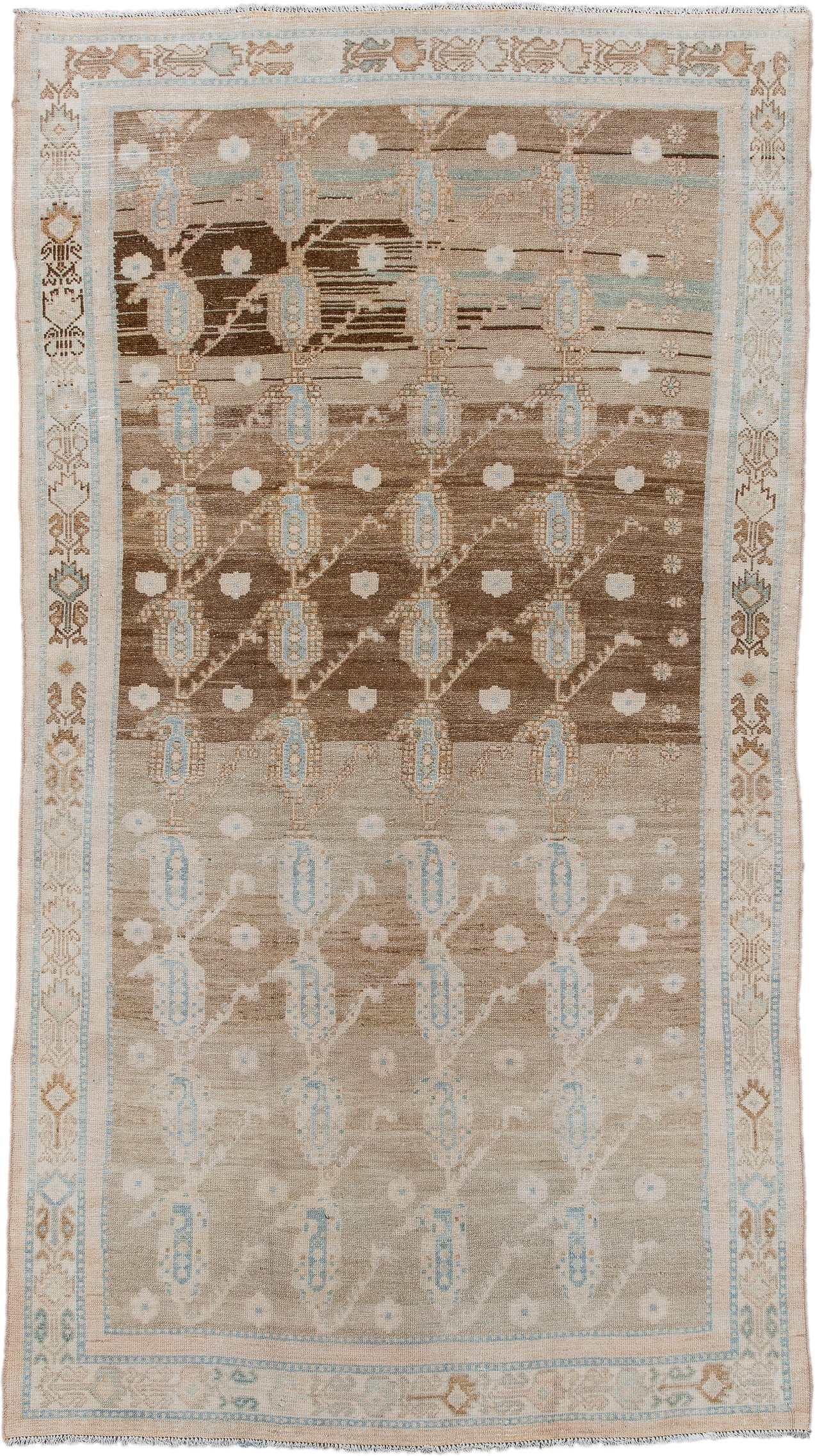 4' x 7' one-of-a-kind handmade vintage Malayer rug. Color palette: taupe, ivory, camel, pale_blue, beige, brown, gray