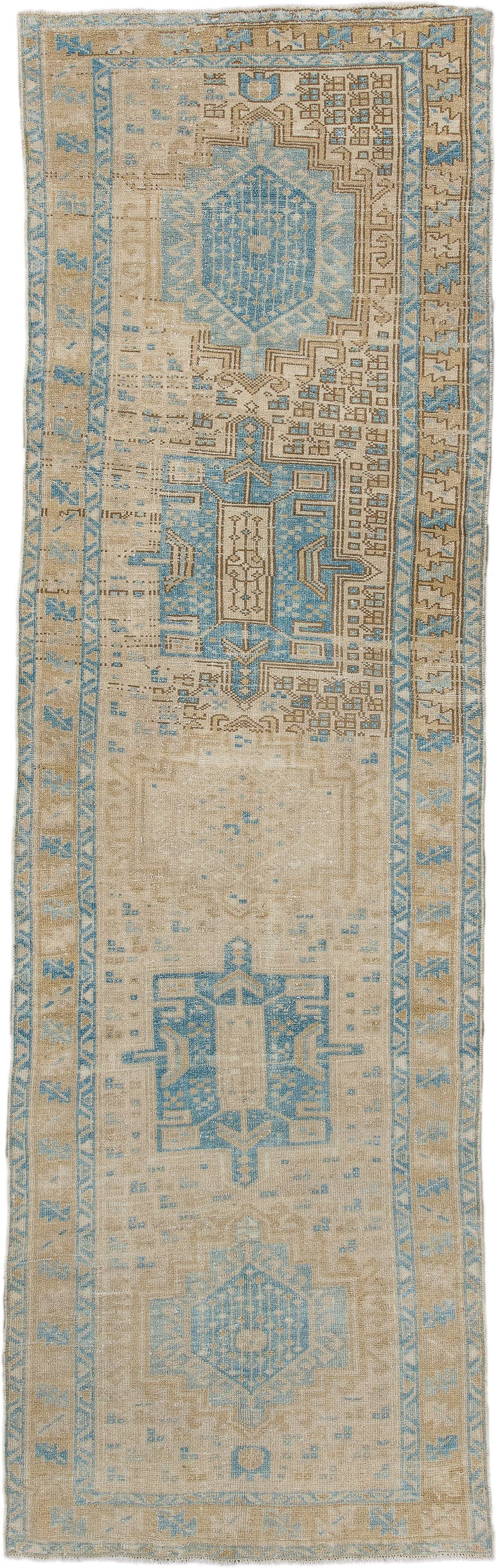 3' x 10' one-of-a-kind handmade antique Heriz runner rug. Color palette: ivory, sky blue, beige, taupe, camel, light blue