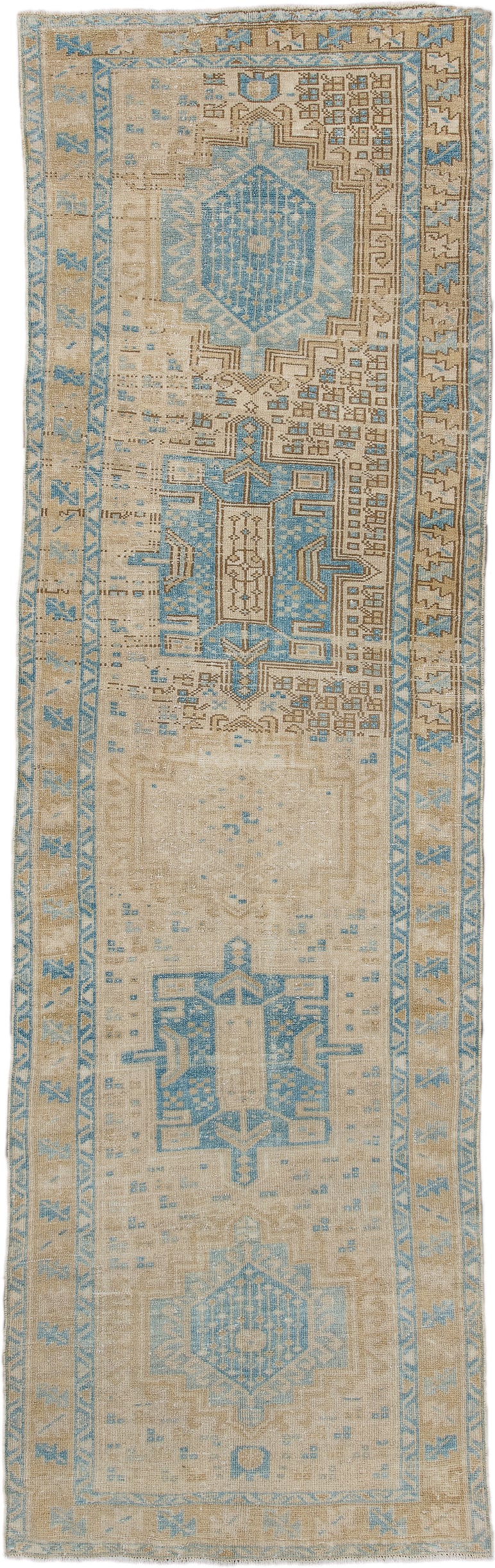 3' x 10' one-of-a-kind handmade antique Heriz runner rug. Color palette: ivory, sky blue, beige, taupe, camel, light blue