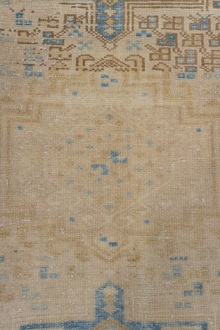 3' x 10' one-of-a-kind handmade antique Heriz runner rug. Color palette: ivory, sky blue, beige, taupe, camel, light blue