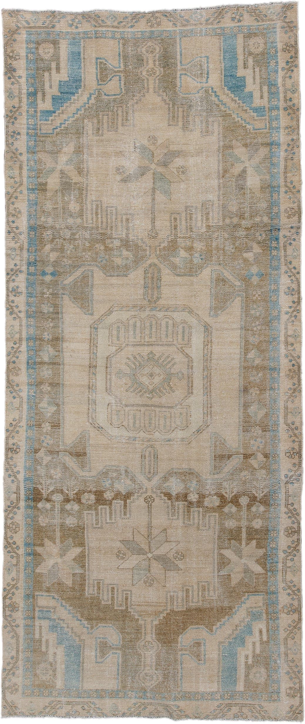 3' x 8' one-of-a-kind handmade antique Malayer runner rug. Color palette: ivory, taupe, sky_blue, sand, beige, camel
