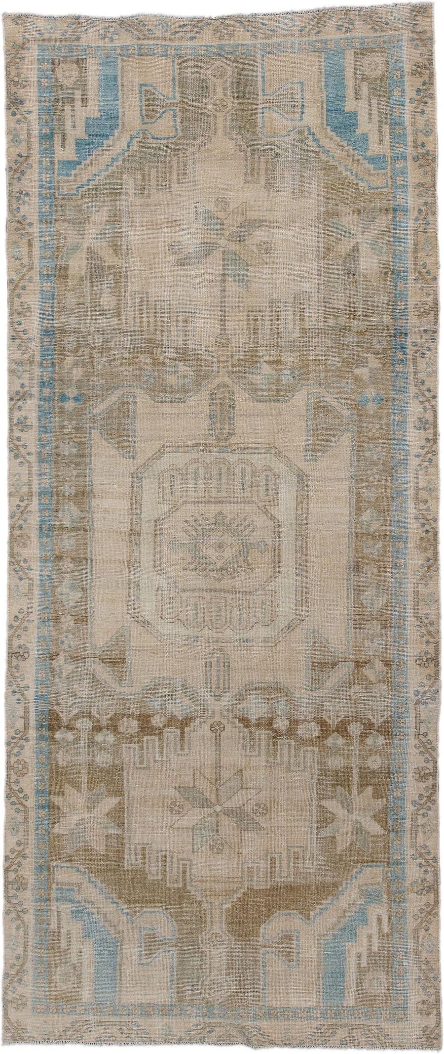 3' x 8' one-of-a-kind handmade antique Malayer runner rug. Color palette: ivory, taupe, sky_blue, sand, beige, camel
