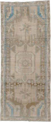 3' x 8' one-of-a-kind handmade antique Malayer runner rug. Color palette: ivory, taupe, sky_blue, sand, beige, camel