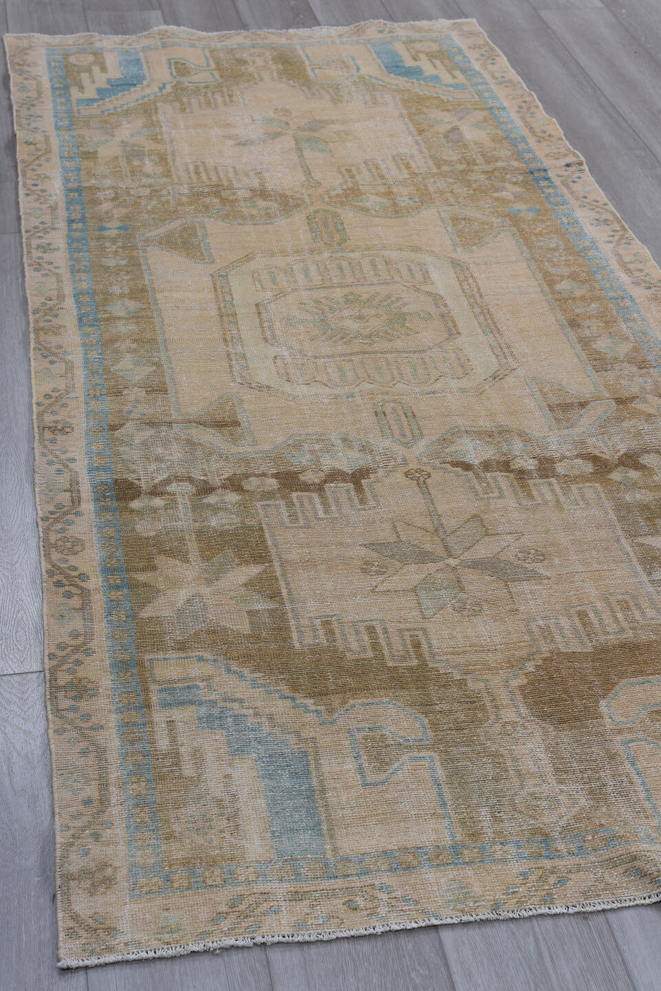 3' x 8' one-of-a-kind handmade antique Malayer runner rug. Color palette: ivory, taupe, sky_blue, sand, beige, camel