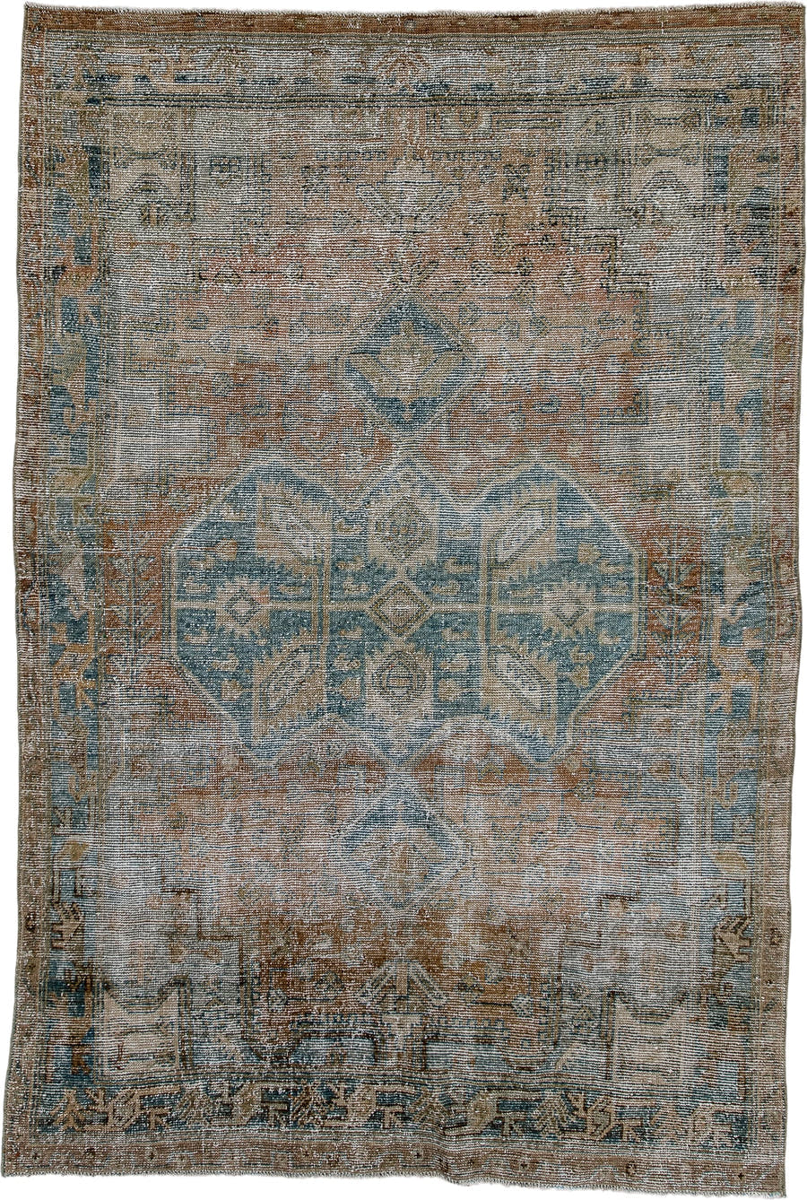 4' x 6' one-of-a-kind handmade antique Hamadan rug. Color palette: ivory, taupe, blue, rust, camel, brown, beige, gray