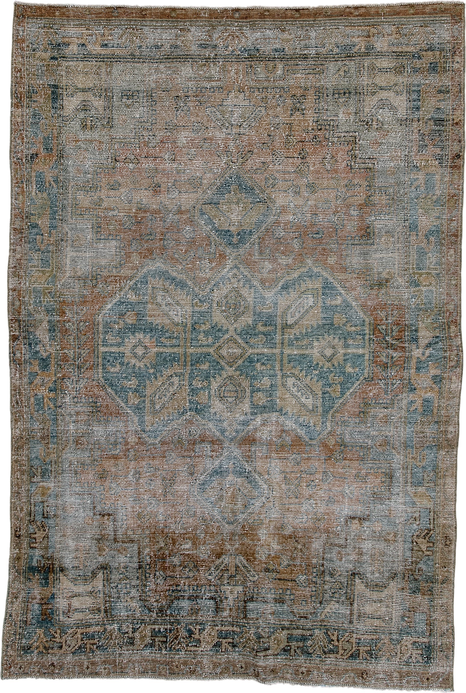 4' x 6' one-of-a-kind handmade antique Hamadan rug. Color palette: ivory, taupe, blue, rust, camel, brown, beige, gray