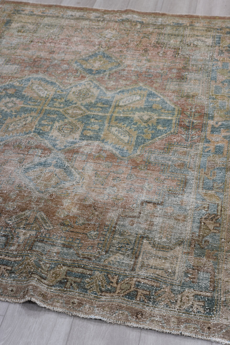 4' x 6' one-of-a-kind handmade antique Hamadan rug. Color palette: ivory, taupe, blue, rust, camel, brown, beige, gray