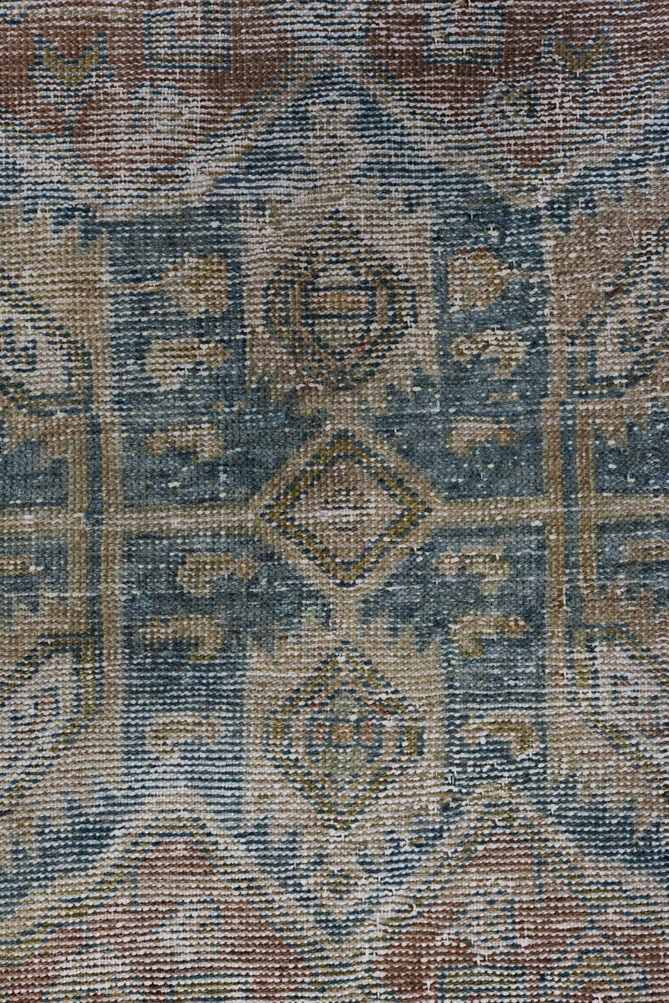 4' x 6' one-of-a-kind handmade antique Hamadan rug. Color palette: ivory, taupe, blue, rust, camel, brown, beige, gray