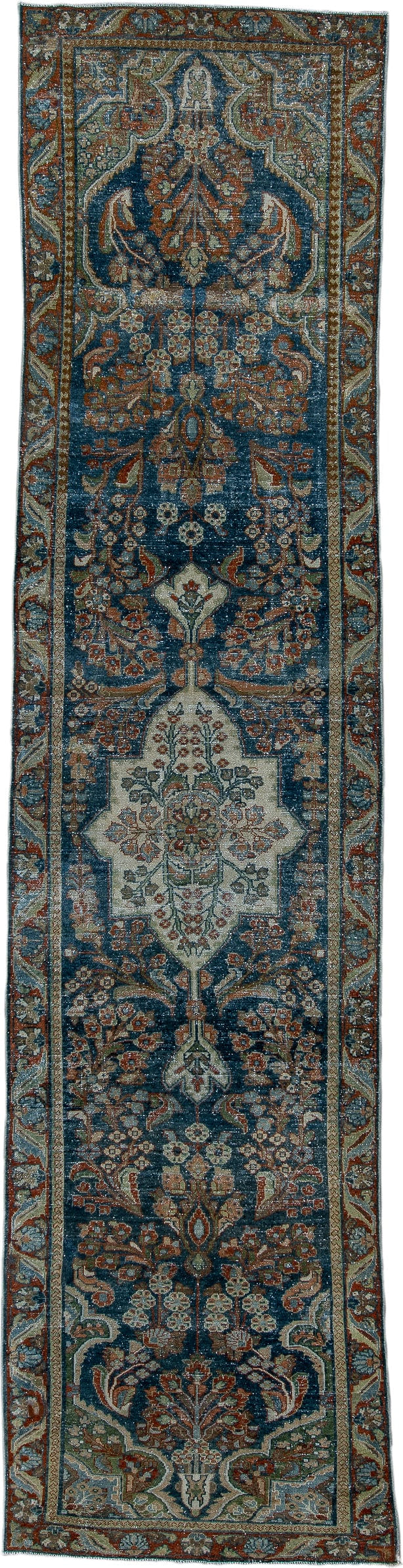 3' x 12' one-of-a-kind handmade antique Hamadan runner rug. Color palette: navy, ivory, rust, sky_blue, camel, sage