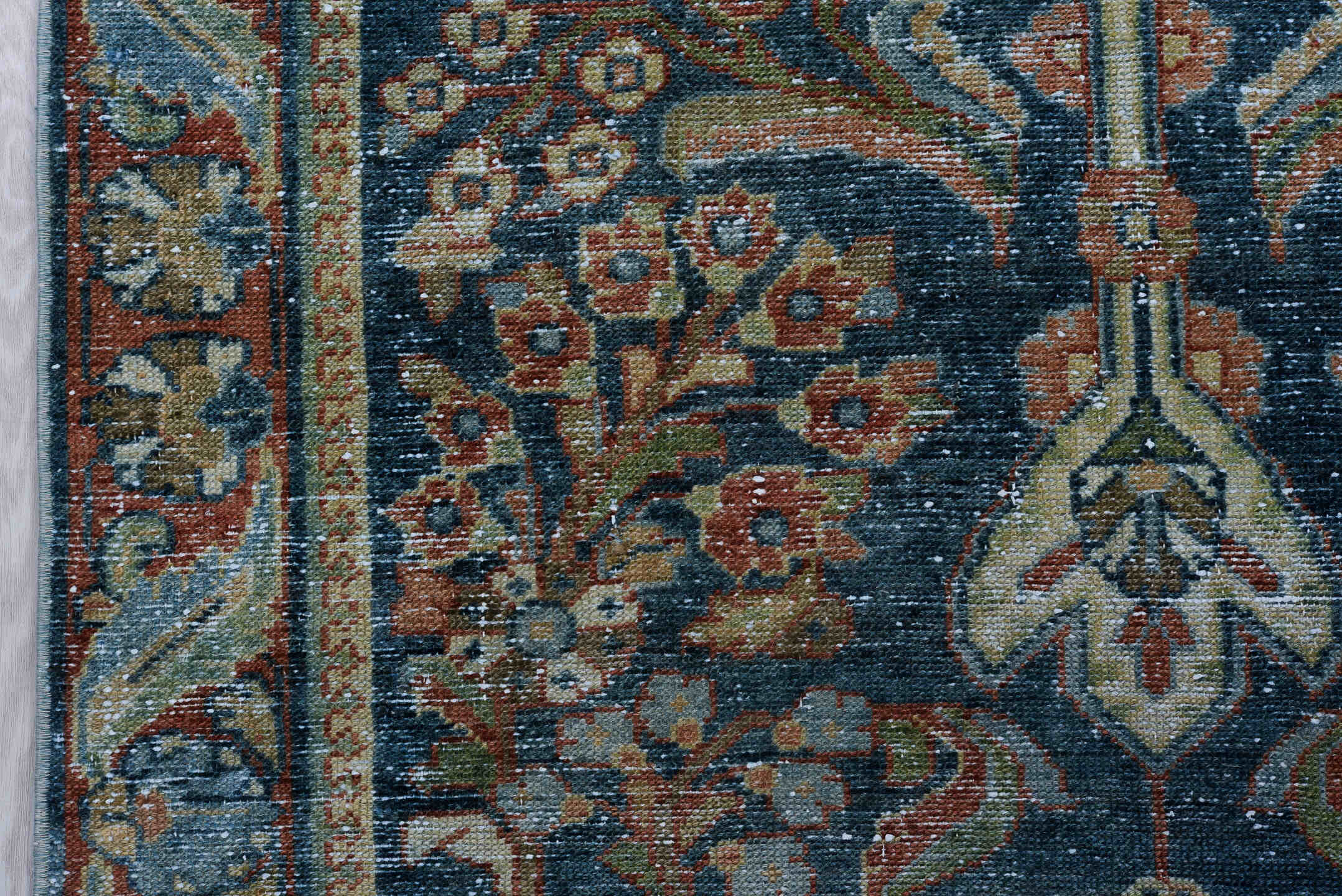3' x 12' one-of-a-kind handmade antique Hamadan runner rug. Color palette: navy, ivory, rust, sky_blue, camel, sage