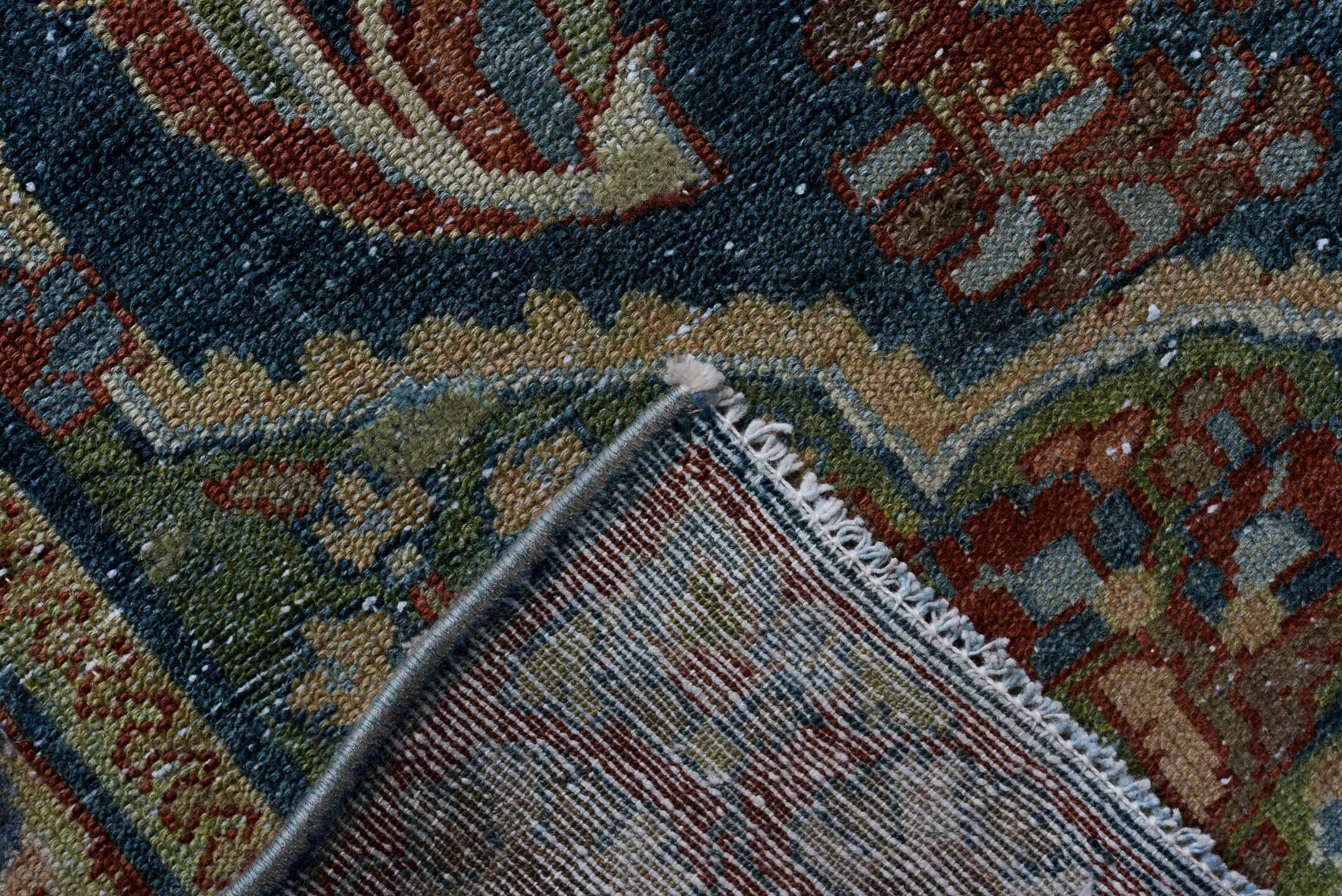 3' x 12' one-of-a-kind handmade antique Hamadan runner rug. Color palette: navy, ivory, rust, sky_blue, camel, sage