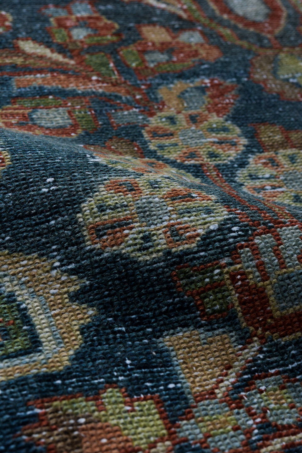 3' x 12' one-of-a-kind handmade antique Hamadan runner rug. Color palette: navy, ivory, rust, sky_blue, camel, sage