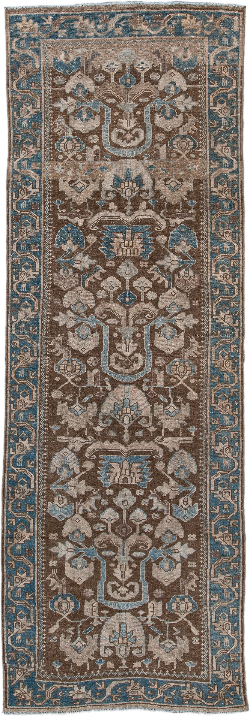 3' x 9' one-of-a-kind handmade antique Hamadan runner rug. Color palette: brown, ivory, sky blue, taupe, slate, camel