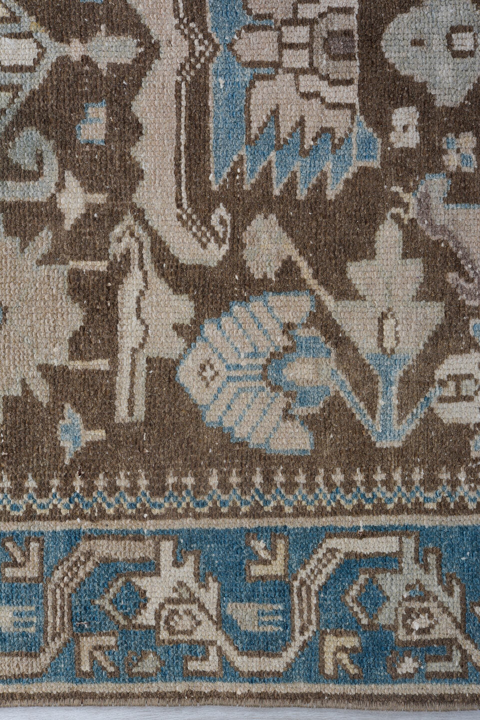 3' x 9' one-of-a-kind handmade antique Hamadan runner rug. Color palette: brown, ivory, sky blue, taupe, slate, camel