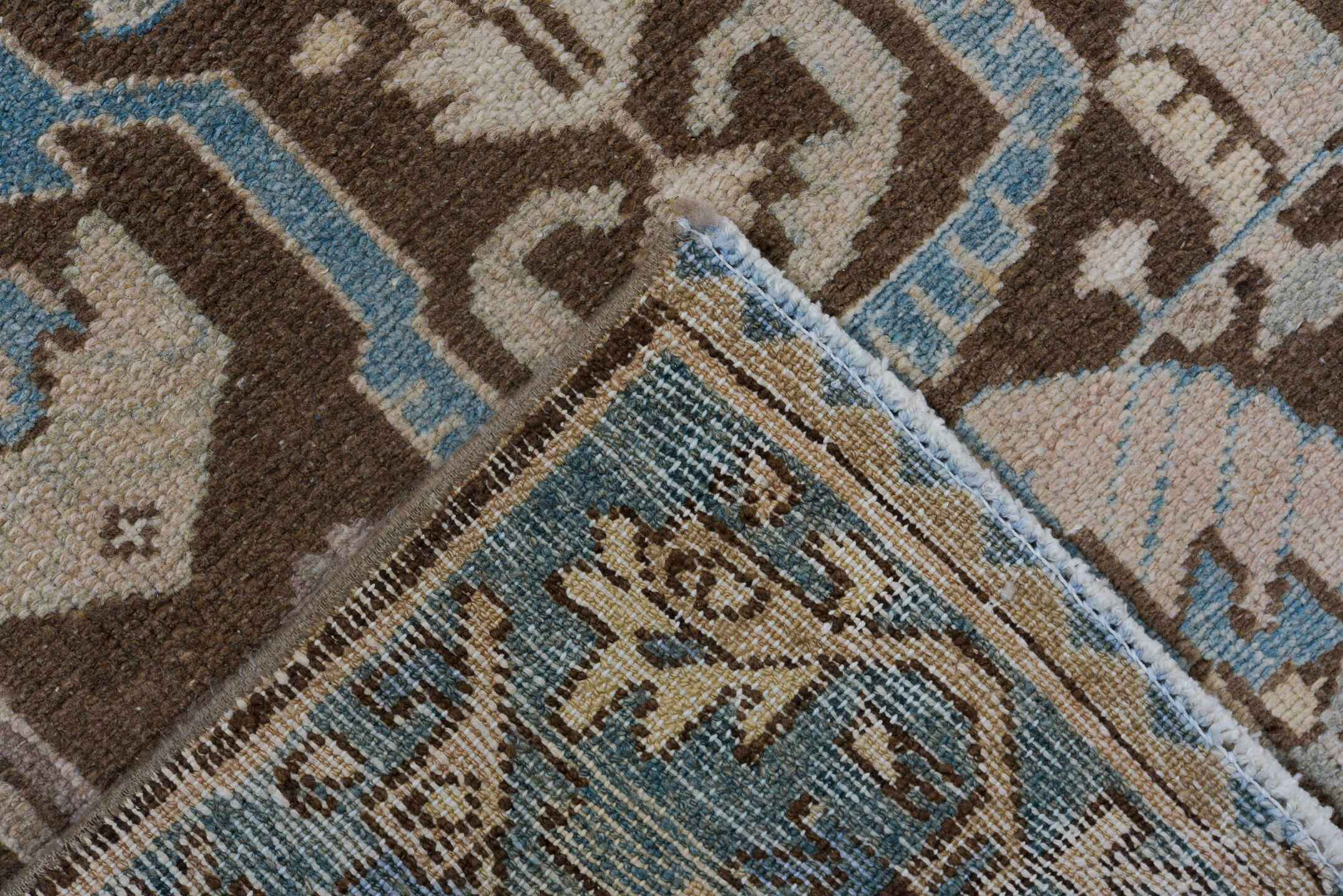 3' x 9' one-of-a-kind handmade vintage Hamadan runner rug. Color palette: blue, brown, gray, light gray, off-white