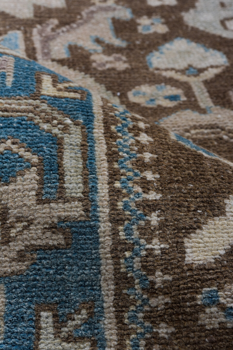 3' x 9' one-of-a-kind handmade vintage Hamadan runner rug. Color palette: blue, brown, gray, light gray, off-white