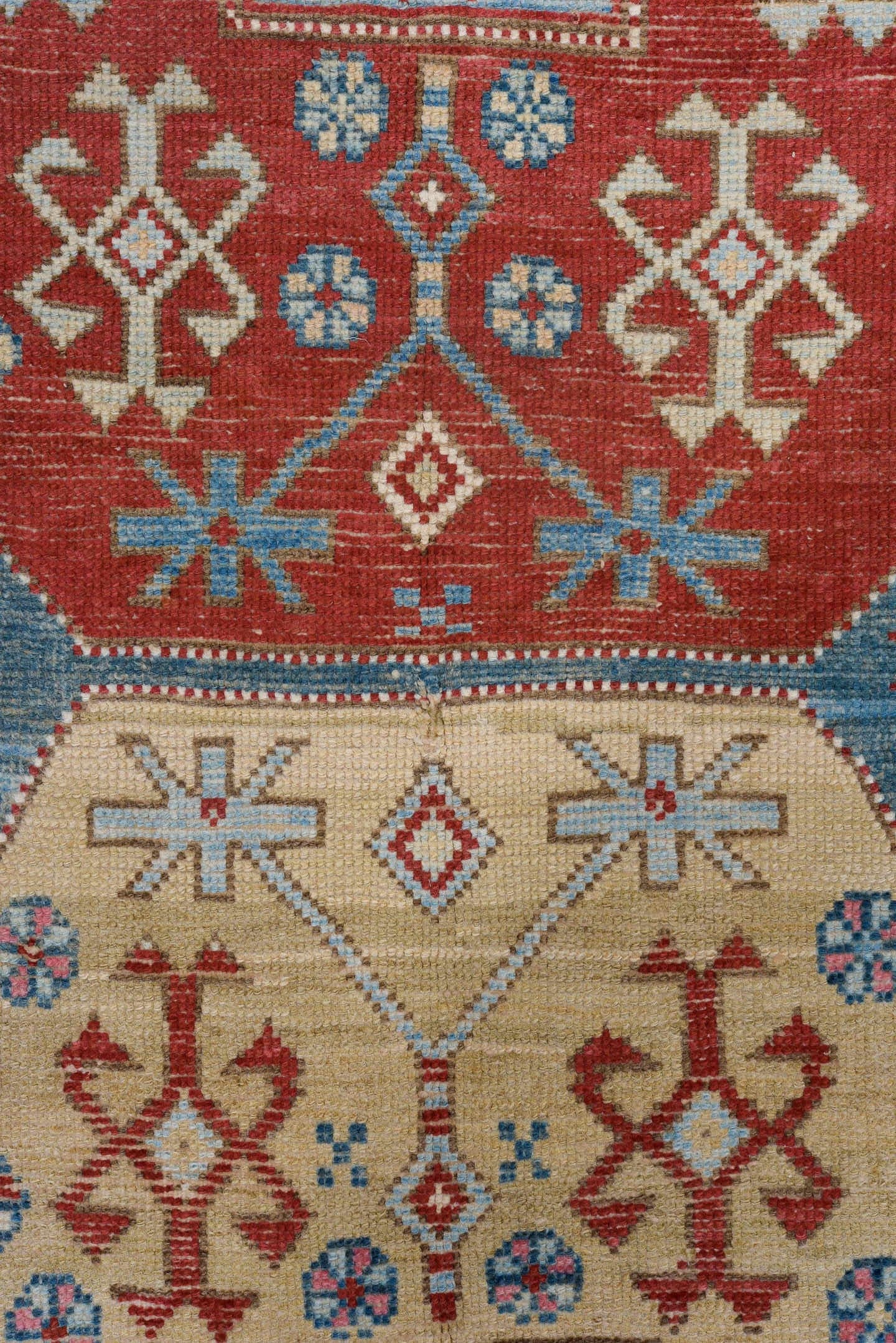 3' x 13' one-of-a-kind handmade antique Caucasian runner rug. Color palette: red, ivory, sky blue, camel, rust, navy