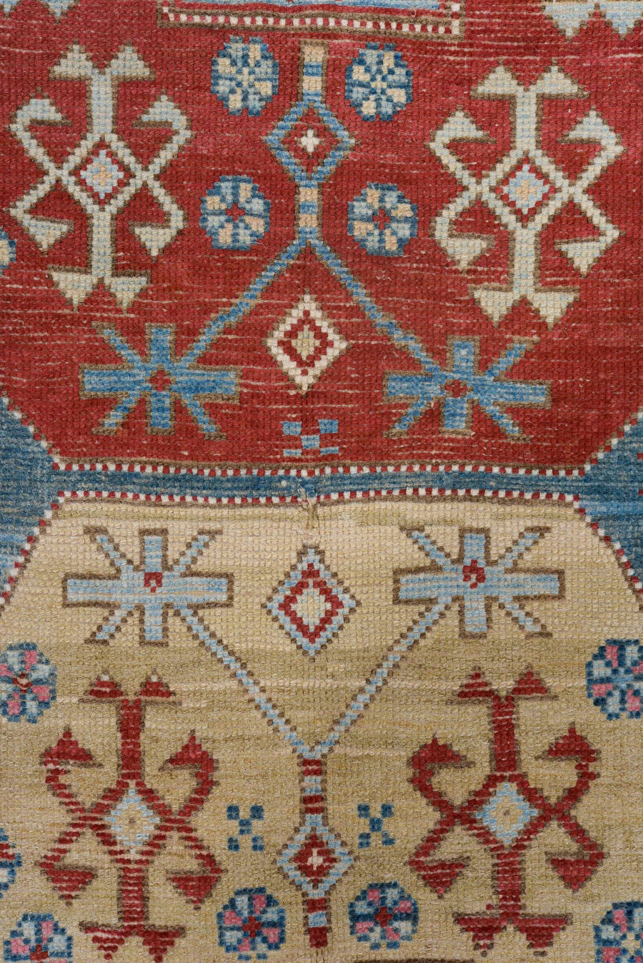 3' x 13' one-of-a-kind handmade antique Caucasian runner rug. Color palette: red, ivory, sky blue, camel, rust, navy