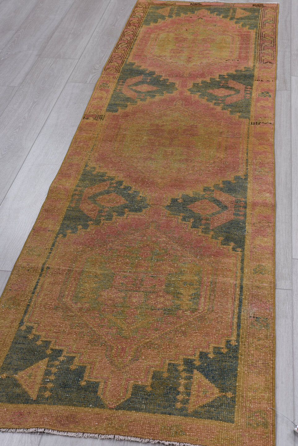2' x 9' one-of-a-kind handmade vintage Sarab runner rug. Color palette: brown, gray, pink, tan