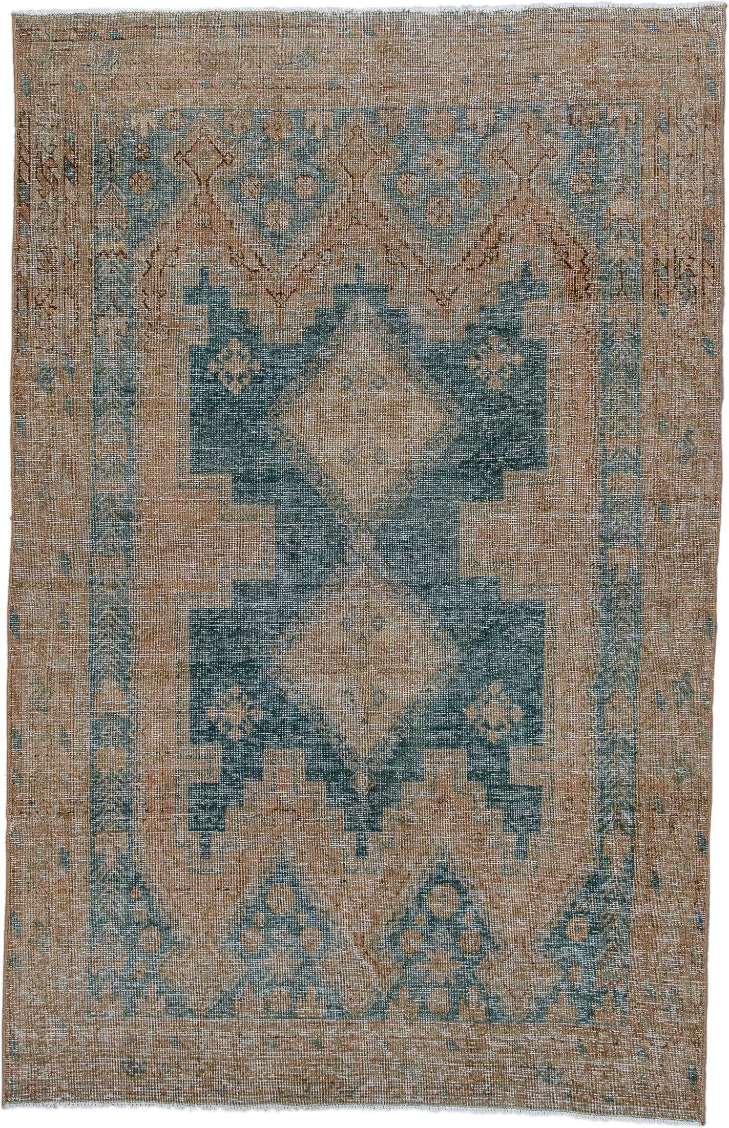 4' x 6' one-of-a-kind handmade antique Afshar small size rug. Color palette: camel, teal, taupe, ivory, sage, brown, beige