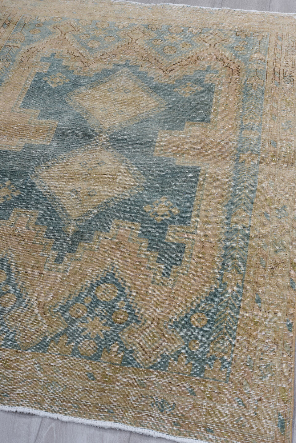 4' x 6' one-of-a-kind handmade antique Afshar small size rug. Color palette: camel, teal, taupe, ivory, sage, brown, beige