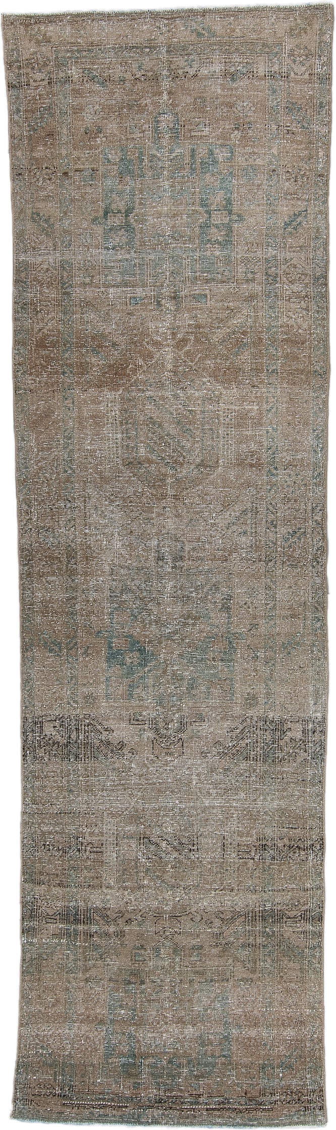 3' x 10' one-of-a-kind handmade antique Heriz runner rug. Color palette: taupe, camel, beige, pale_blue, ivory, brown, gray