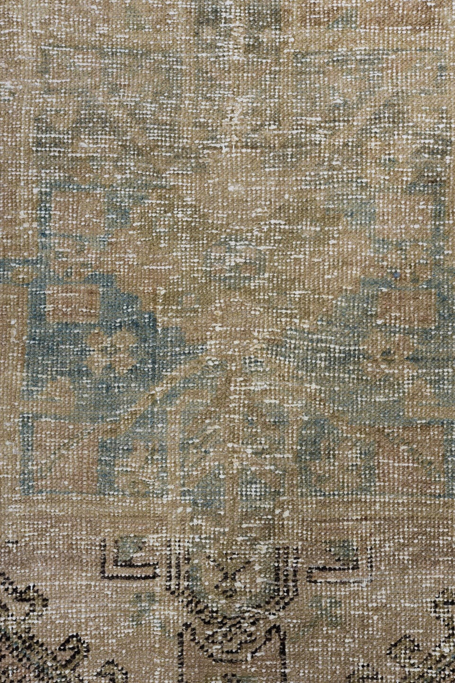 3' x 10' one-of-a-kind handmade antique Heriz runner rug. Color palette: taupe, camel, beige, pale_blue, ivory, brown, gray