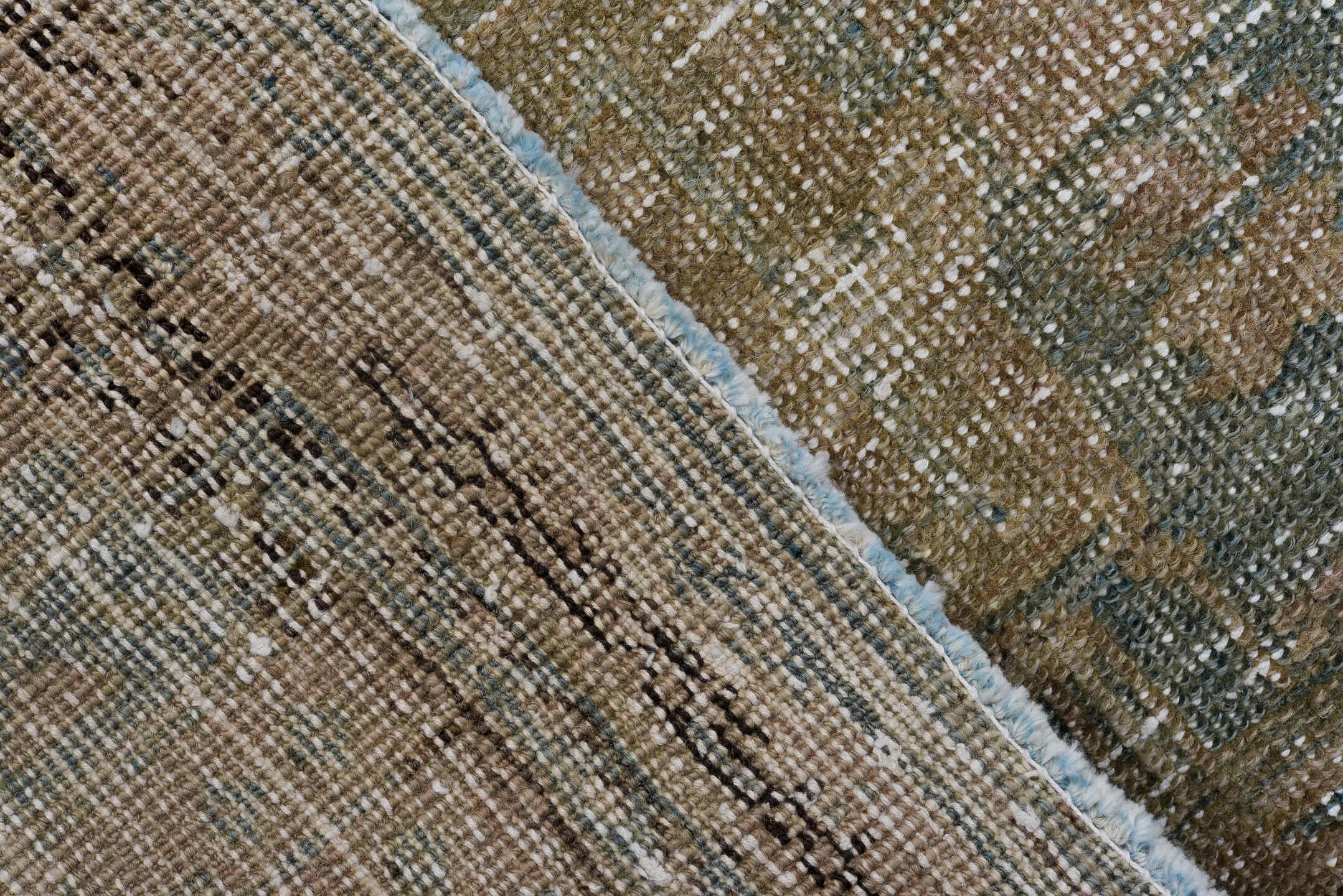 3' x 10' one-of-a-kind handmade antique Heriz runner rug. Color palette: taupe, camel, beige, pale_blue, ivory, brown, gray