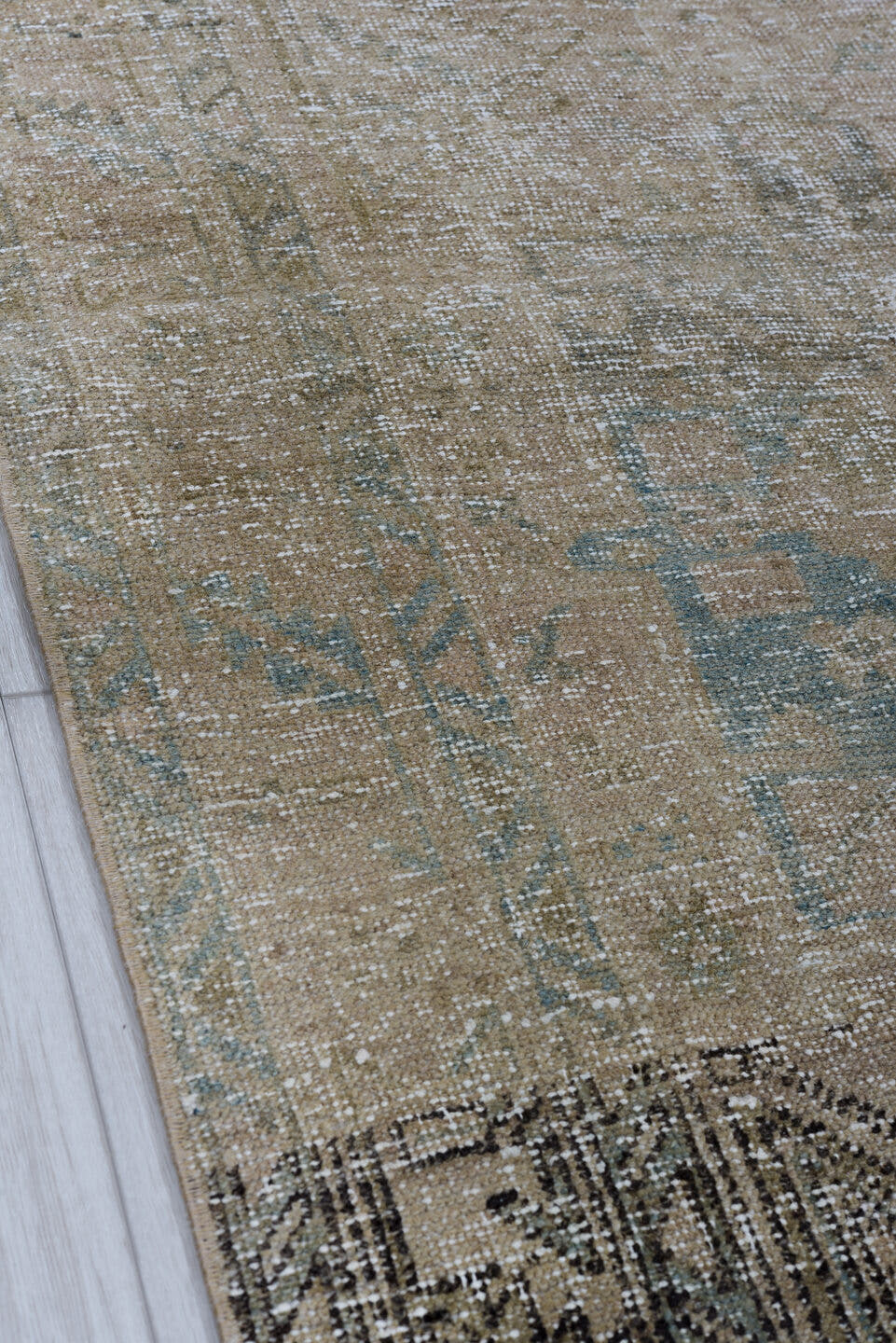 3' x 10' one-of-a-kind handmade antique Heriz runner rug. Color palette: taupe, camel, beige, pale_blue, ivory, brown, gray