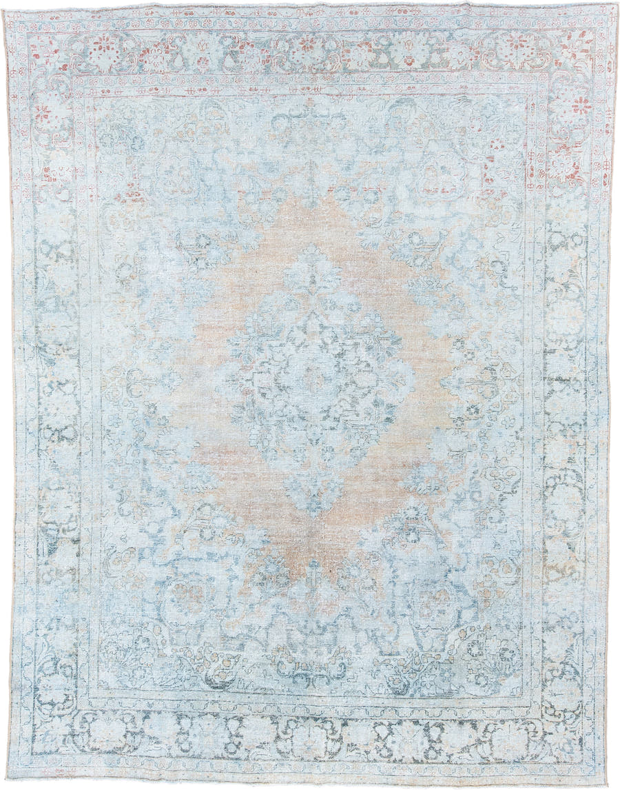 10' x 13' one-of-a-kind handmade antique Mahal large size rug. Color palette: pale blue, ivory, blush, muted rust, taupe