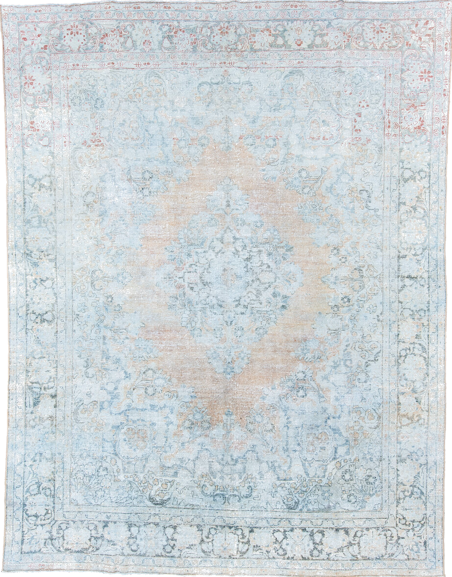10' x 13' one-of-a-kind handmade vintage Mahal large size rug. Color palette: beige, ivory, sky blue