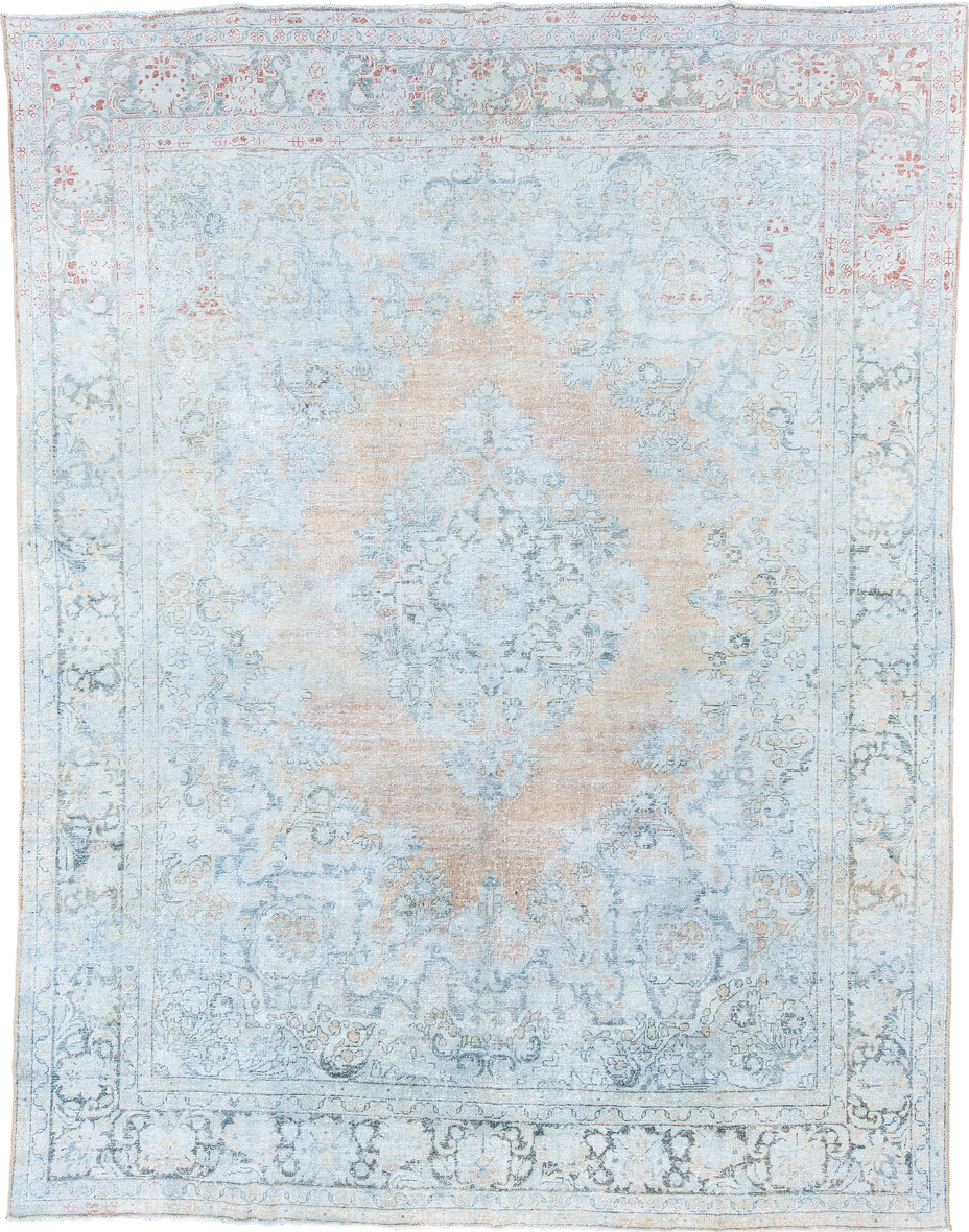 10' x 13' one-of-a-kind handmade antique Mahal large size rug. Color palette: pale blue, ivory, blush, muted rust, taupe